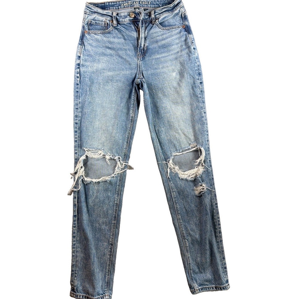 Womens American Eagle 29 Mom Jeans Light Wash Ripped High Rise Tapered Leg Denim